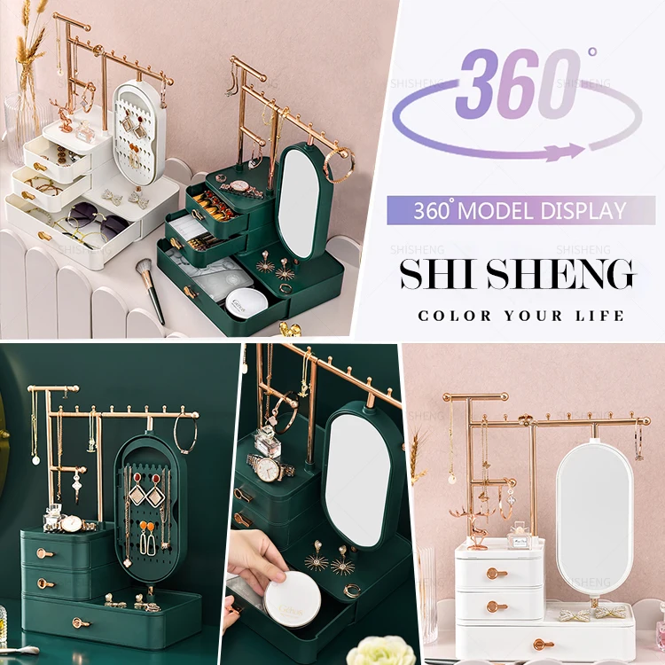 

SHI SHENG Luxury Exquisite Multifunction Desktop Lipstick Cosmetic Storage Box With Mirror And Jewelry Rack for Girl, Green/white