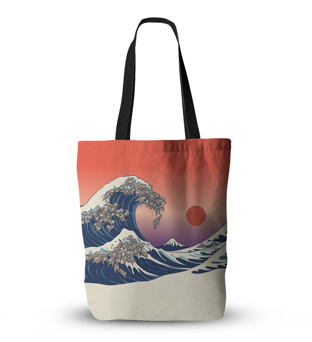 

College Students Book Tote Cotton Canvas Cartoon Sloth Beach Sea Sunset The Great Wave Kanagawa Hokusai Print Handbag Tote Bags, 2 choices