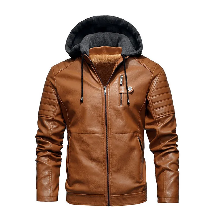 

2021 Winter New Men's Warm Hooded Leather Jackets Coat Casual Fleece Thicken Biker PU Leather Jacket for Men