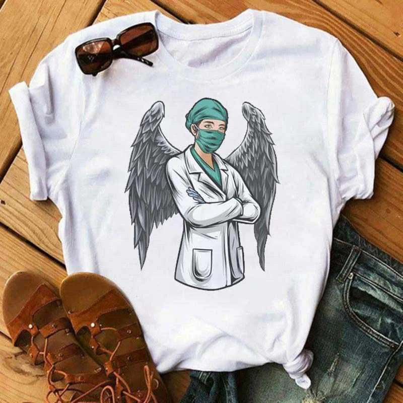 

Nurse Crown T Shirts Women Casual Funny Angel Tshirts Harajuku 90s Female Tops Thanksgiving T-shirts Clothes, White