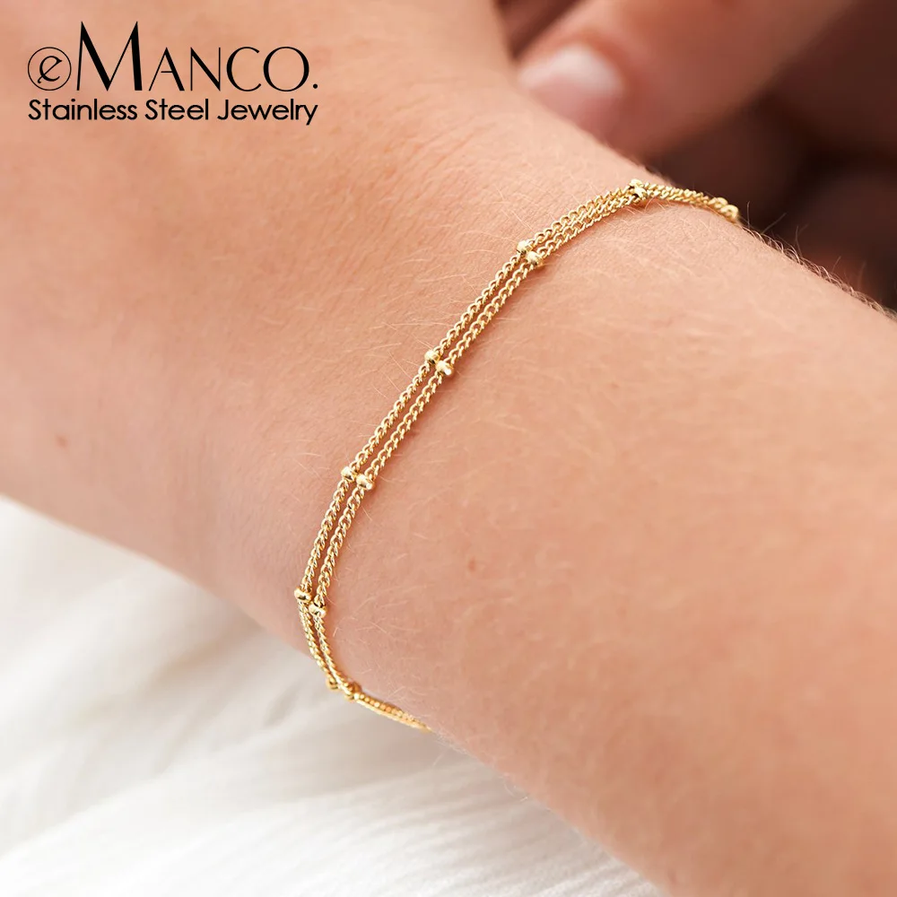 EManco 14K Gold Plated Multi-Layered Beaded Chain Link Bracelet Stainless Steel Bracelet As Gift