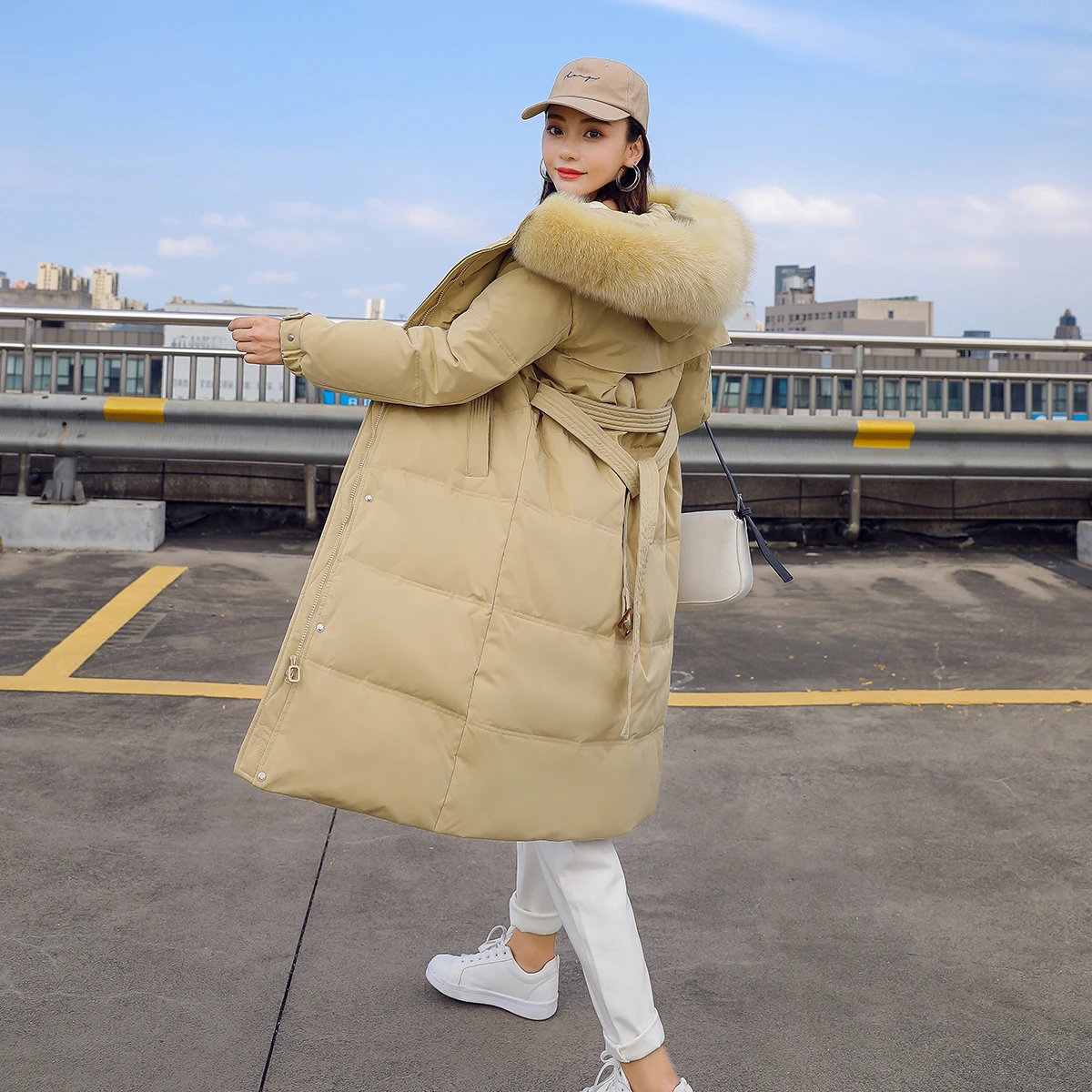 

Spot Wholesale High Quality Winter Warm Jacket Women'S Long Fox Fur Collar Thick Coat Long Winter Oversize Down Coat, Yellow