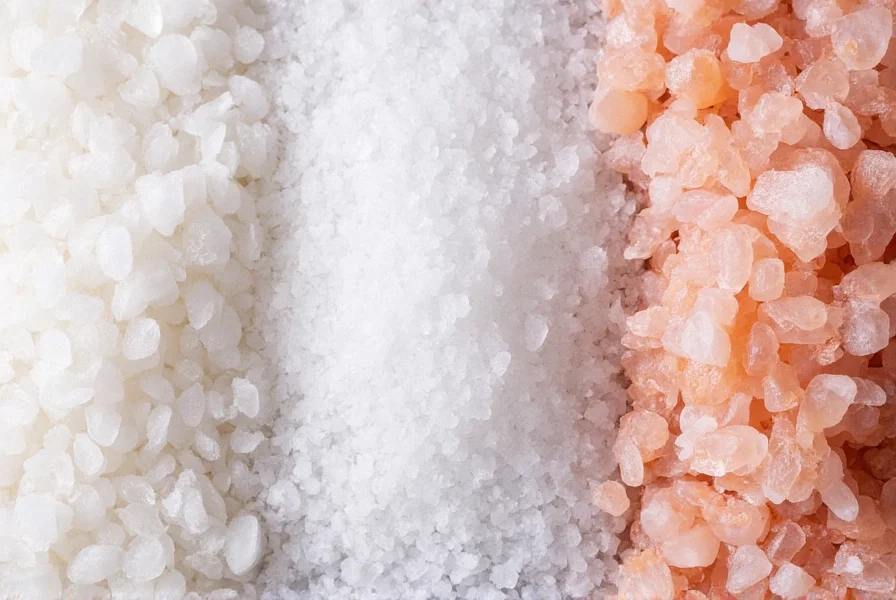 Close-up comparison of different salt varieties including sea salt, kosher salt, and Himalayan pink salt crystals