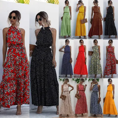 

2021 Spring Women's Boho Maxi Floral Dress Holiday Party Long Flower Dress Sleeveless Halter Neck Casual Summer Ladies Loose