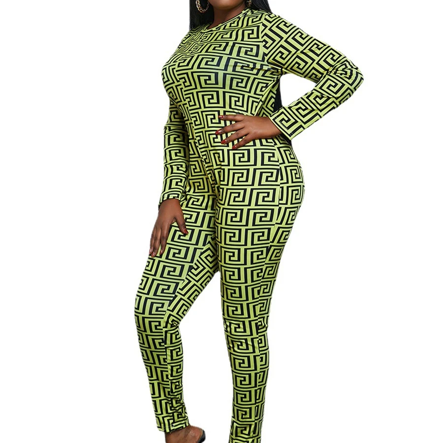 

Foma TB5210 women Plus Size Jumpsuit long sleeve with pants women's sexy skin tight sexy design printing jumpsuit, Green