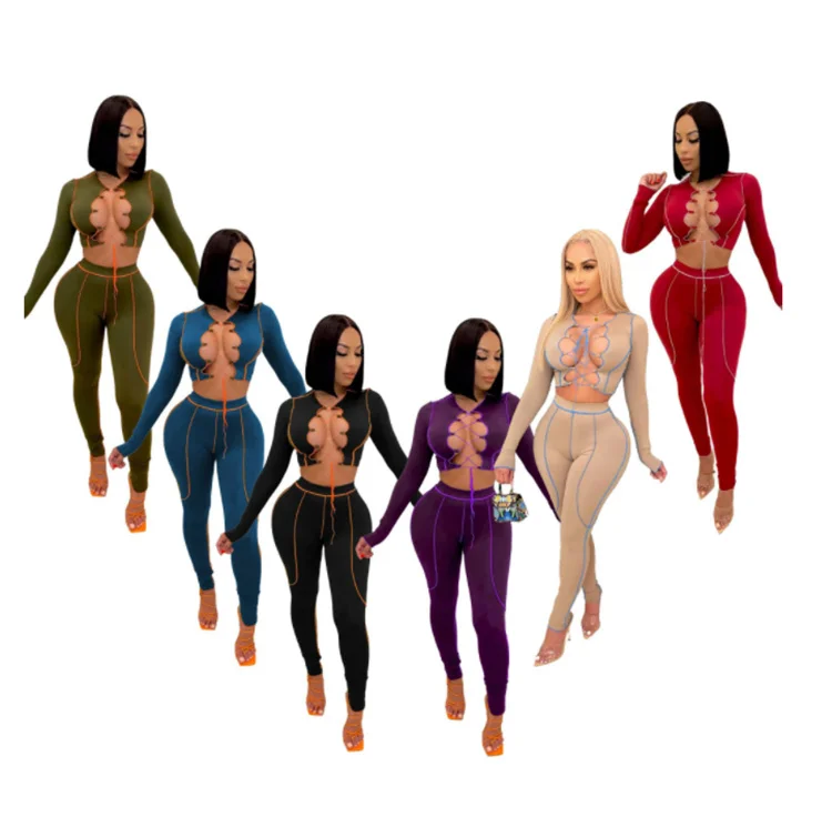 

Stylish Crop Tops And Tight Pants Workout Clothing Matching Sexy Spring Women Two Piece Set, Picture shown
