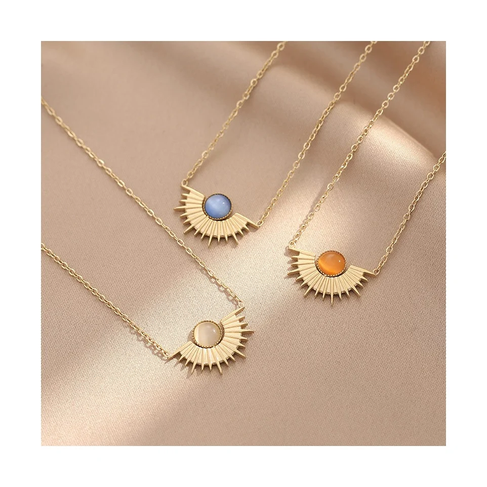 H&P natural oval sun flower necklace blue turquoise gold pendant necklace eye titanium steel necklace