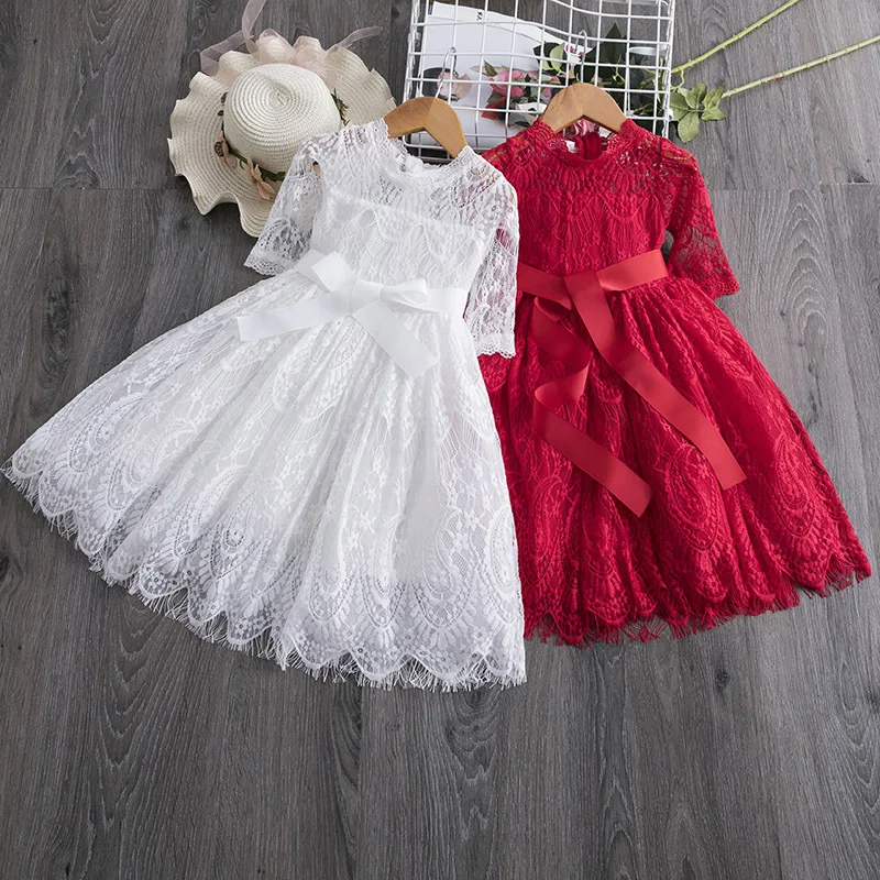 

Hot Selling Spring And Summer Long-Sleeved Girl Dress Lace Hollow Princess Dresses For 2-7 Girls, White red