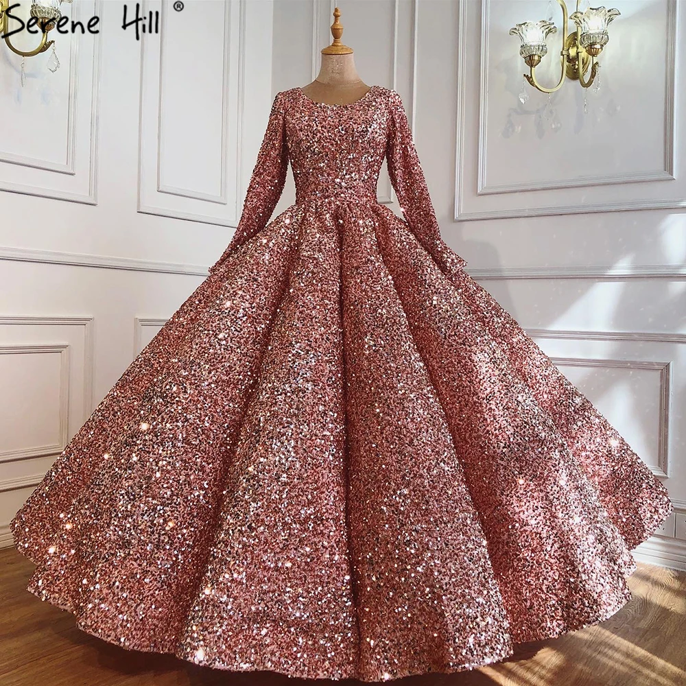 

Elegant Pink Muslim Sequined Wedding Dresses 2021 Serene Hill HA2294 Long O neck Bridal Ball Gowns For Women Custom Made