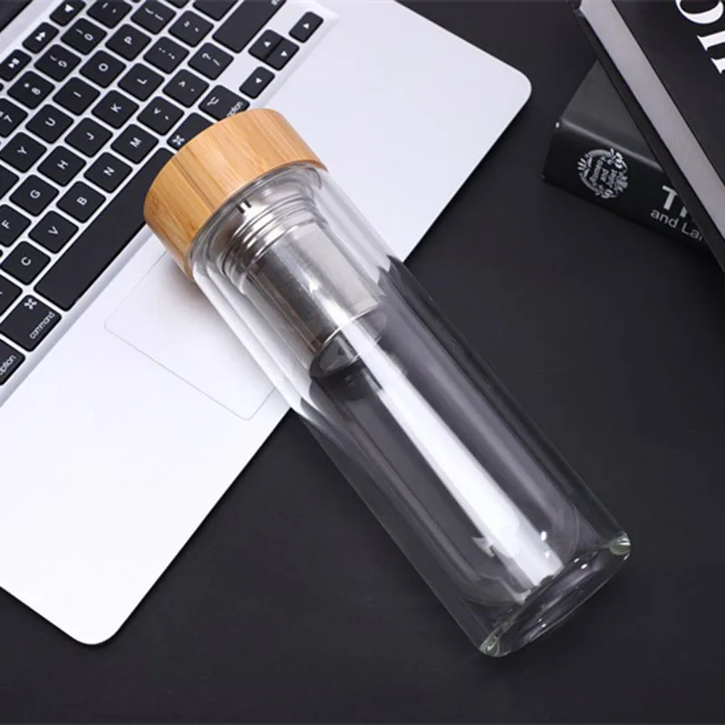 

Leakproof BPA Free Hot Cold Tea Detox Insulated Tumbler Nice Transparent Glass Water Bottle with Tea Infuser Bamboo Lid