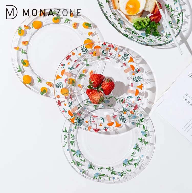 

MONAZONE Tempered Glass Plates Flower Fruit Pattern Print Round Flat Plat For Weidding