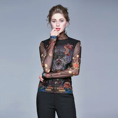 

Shirts for Women Tshirt Fashion elegant retro long sleeve vintage mesh