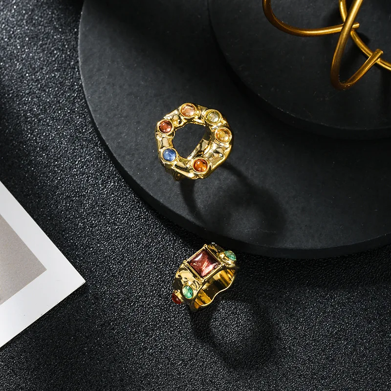 

Vintage Simple Design 18K Gold Plated Colorful Gemstone Circle Finger Rings Crystal Width Finger Rings For Women Gift