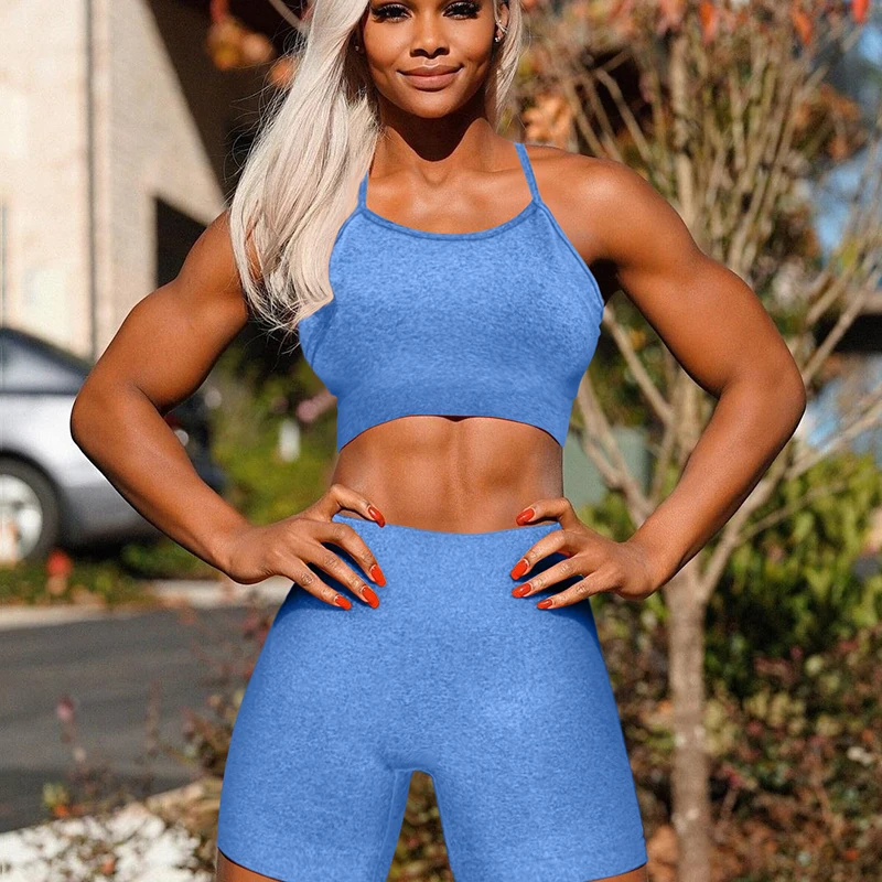 

2021 New Arrivals Seamless Fitness Yoga Wear Ladies Cross Sling Bra And Shorts Two Piece Set BK173, Blue gray green