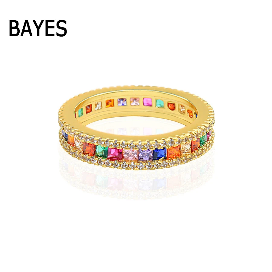 

Bayes Copper 14K Gold Colorful Rainbow Rings Fashion Cubic Zirconia Finger Ring for Women Jewelry