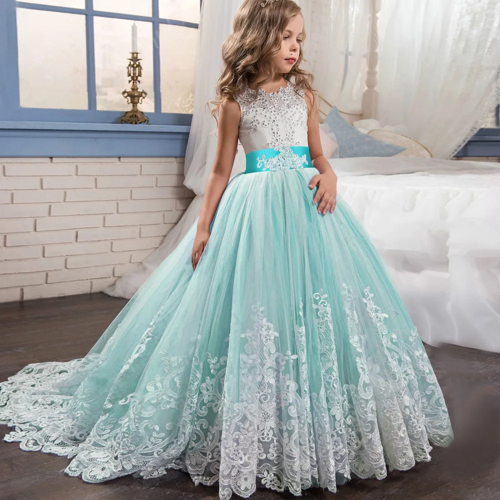 

88406 Kids Flower Girl Dress Patterns Luxury Beautiful Lace Princess Girl Wedding Party Maxi Dress, Green, maroom,pink, purple ect