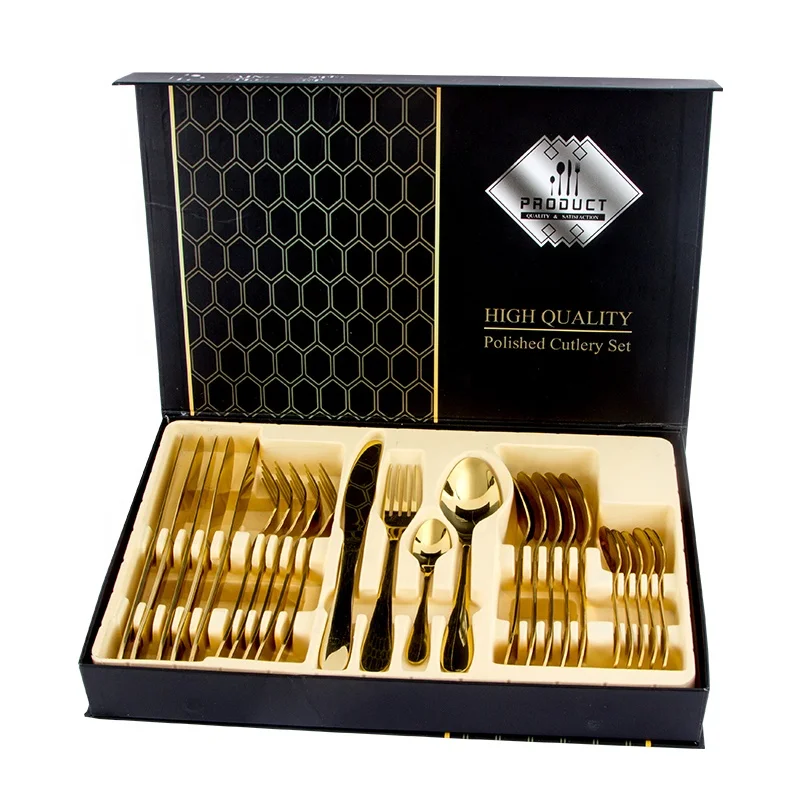 

Hot Sale Luxury Gold Flatware Set 24pcs Stainless Steel Cutlery Set With Gift Box, Golden/silver