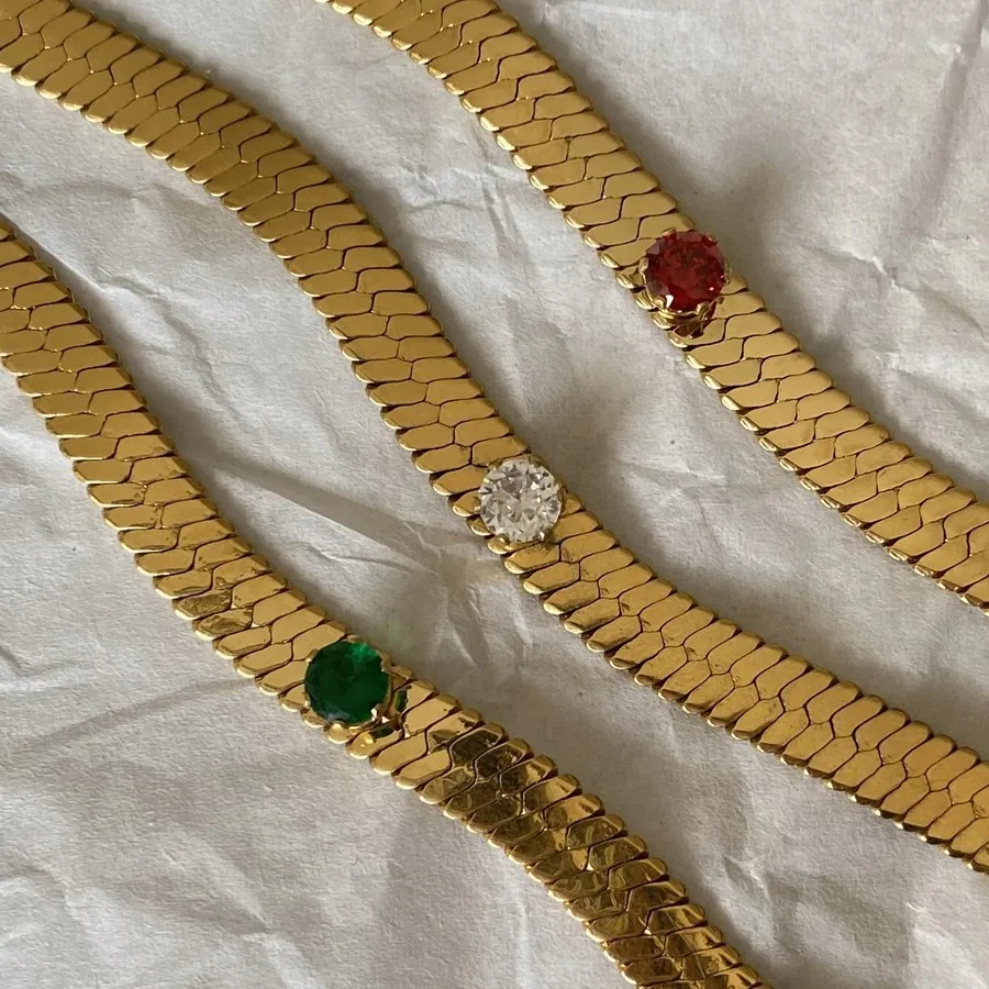 

Vintage Emerald Stainless Steel Herringbone Necklace 18k Gold Plated Flat Snake Bone Chain White Crystal Choker Necklace Women
