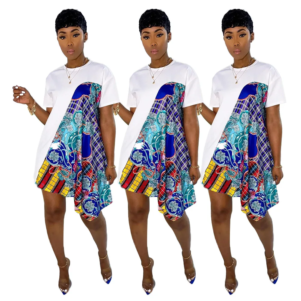 

2021 autumn fall new arrivals trendy short sleeve irregular plus skirt painted lotus leaf ladies dress casual women clothing