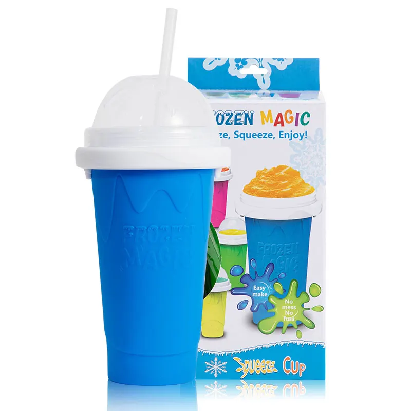 

2020 NEW Arrivals Food Grade Silicone DIY Smoothie Pinch Cup Quick-Frozen Magic Cup Slushy Maker Cup With Straw, Blue/yellow/green/pink