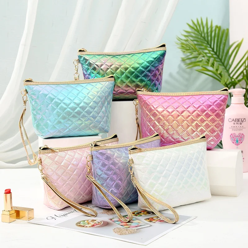 

Wholesale Toiletry Bag Gradient Mermaid Makeup Pouch Travel Quilted Shiny Cosmetic Bag, White, purple, blue, pink