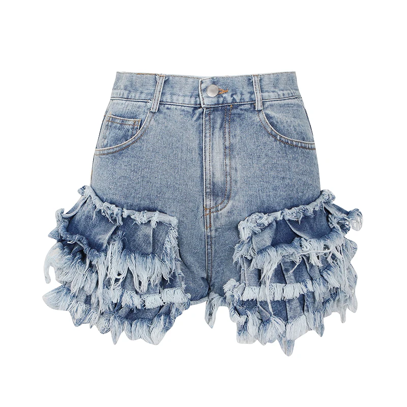 

CHICEVER Sexy Party Short 2020 New Arrivals High Waist Tassel Pocket Slim Women Denim Shorts