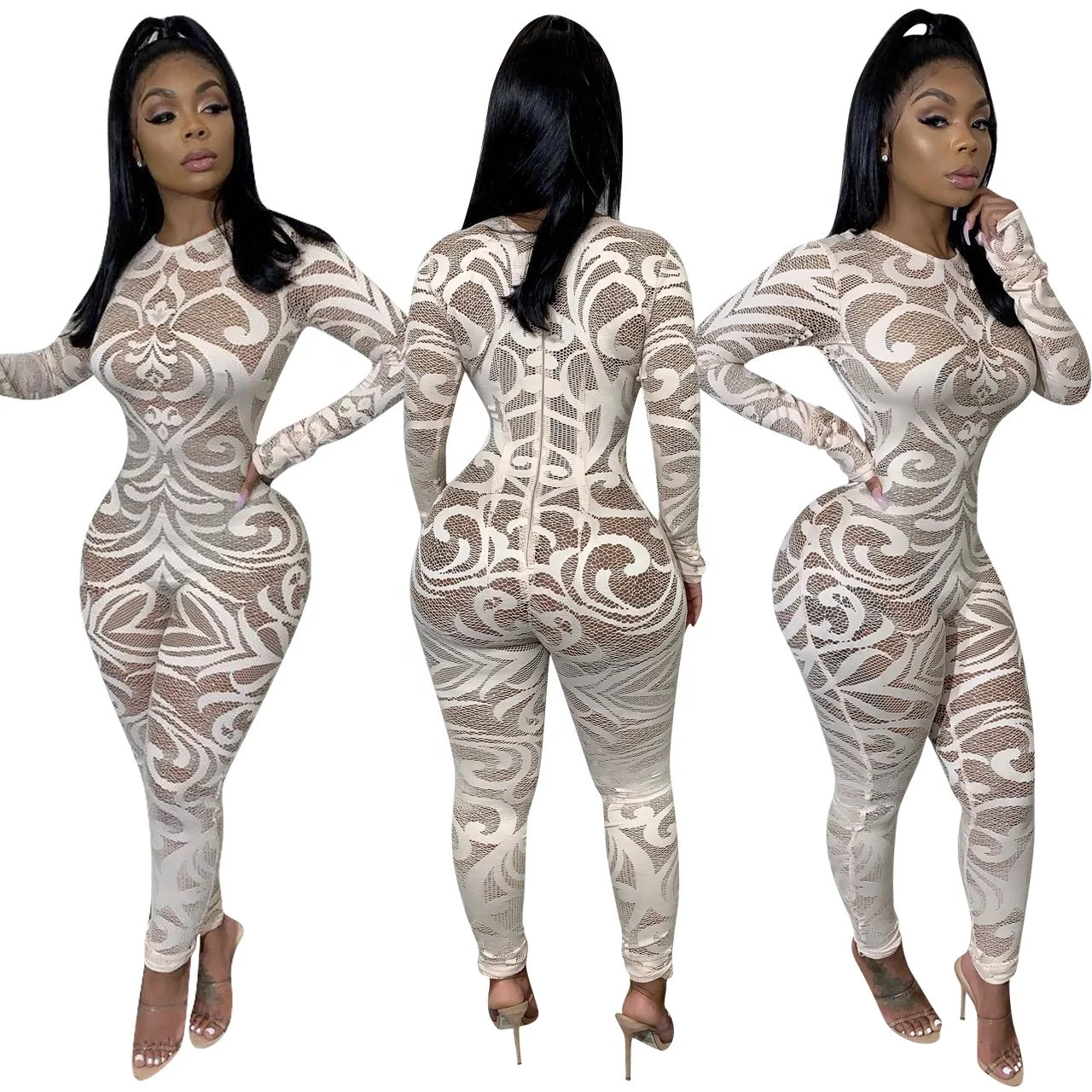 

High Quality Sexy Mesh Long SleeveJumpsuits Floral Bodysuit For Club, Picture