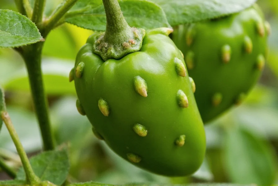 Close-up view of Moruga Scorpion peppers growing on plant, showing distinctive bumpy texture and stinger-like tail