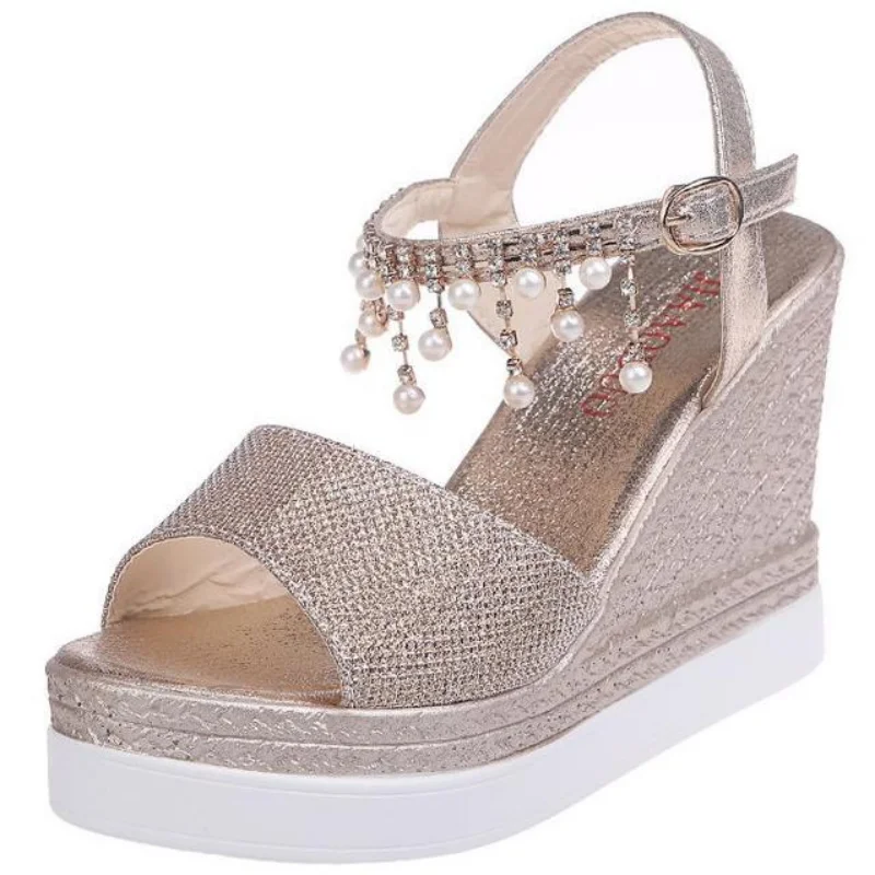 

Dropshipping Custom Logo Rhinestones Pearl Wedding Shoes Ladies Platform Sandals Wedge Heel Sandals for Women