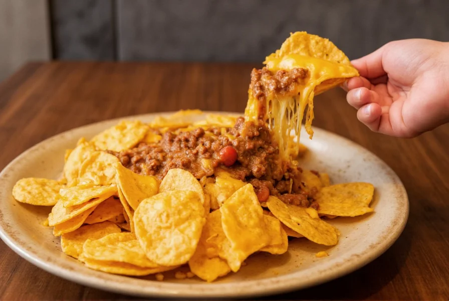 Finished plate of chili cheese chips showing perfect cheese pull with melted cheese and chili topping over crispy tortilla chips