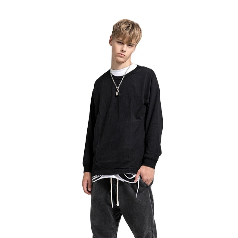 

High Street Washed and Worn Loose Long-sleeved Autumn and Winter Oversize Anti-worn Shoulder Long-sleeved Men's T-shirt