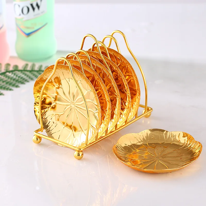 

QIAN HU Luxury Coffee Tea Cup Holder Coaster Gold Divided Dinner Cake Plate for Wedding Birthday 6 Pack