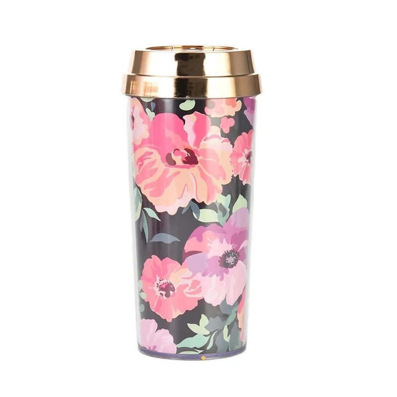 

BPA free travel mug double wall floral design paper insert with gold lid coffee tumbler