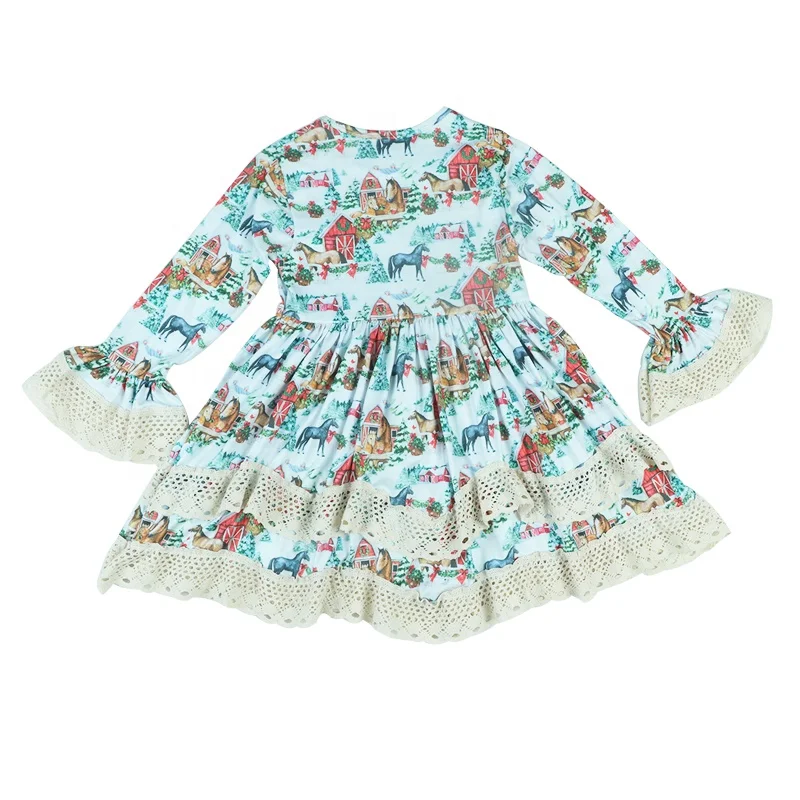 

Christmas girls dresses double layers of lace hem dresses long sleeves dresses for girls flare sleeve kids frocks