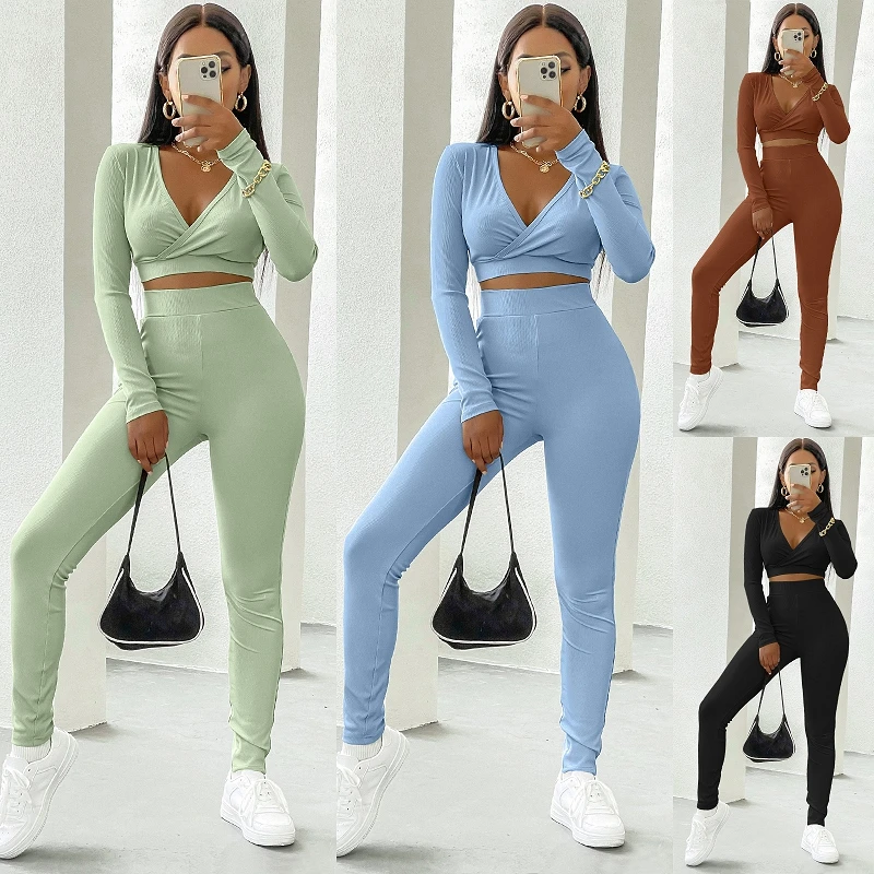 

EB-20221905 Fall good quality fitness & yoga wear 2 piece pants outfits casual crop top and pants two piece yoga set