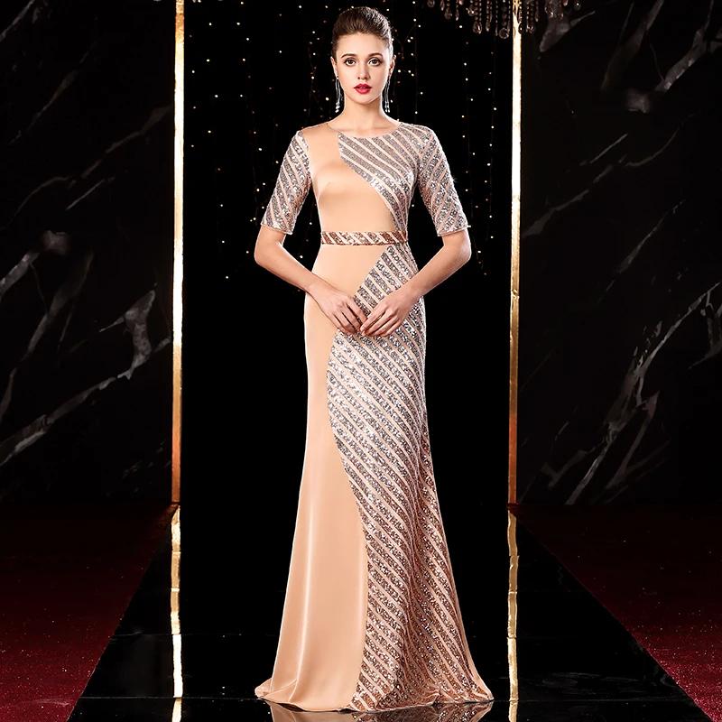 

High Quality Party Dress Scoop Sequins A-Line Sash Golden Zipped Sweep Train Mother Of The Bride Dress