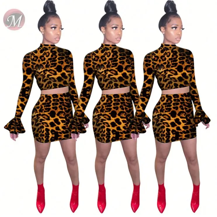 9110211 casual fashion leopard flared sleeve short mini 2020 Skirt Women Two Piece Outfits Set