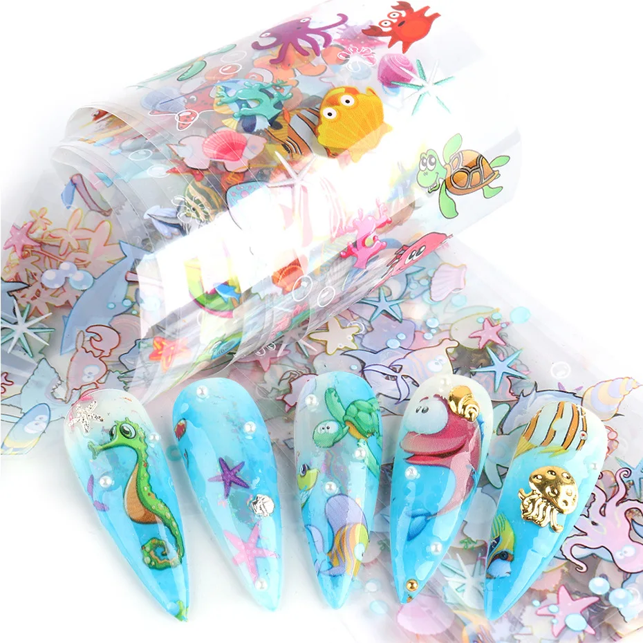 

New style 10pcs French Floral Transfer Foil Cute Cartoon sea world Nail art Stickers Full Wraps Adhesive Decals Decoration