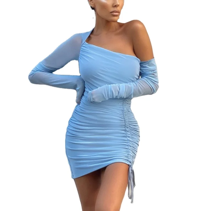 

2021 new arrivals spring collection see through long sleeve mesh asymmetrical ruched design women casual dresses