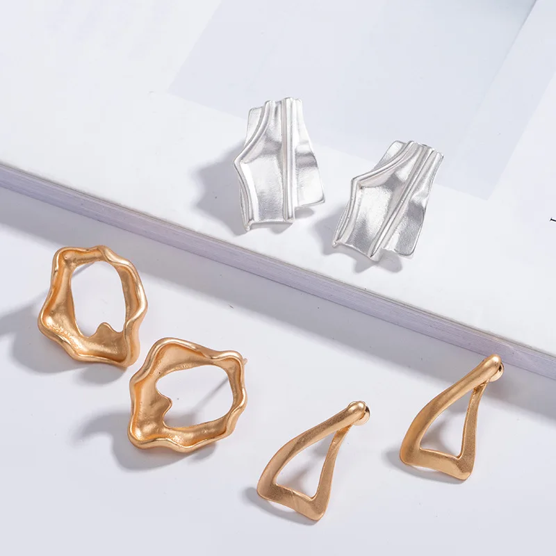 

Small Irregular Matte Gold Studs Earrings Metal Folds Twist Geometric Square Round Triangle Earrings, Picture