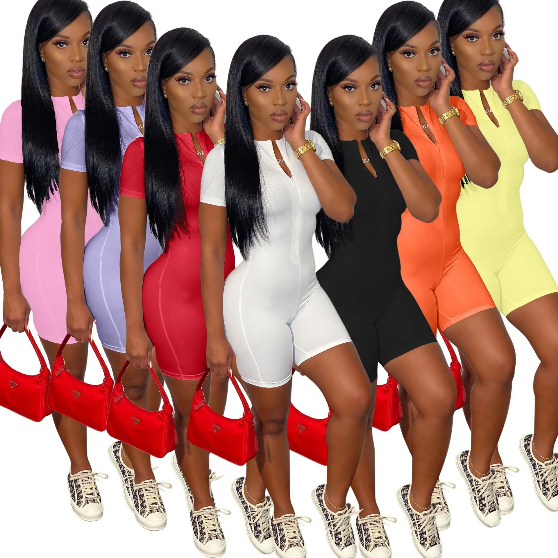 

2021 New Arrivals Women Short Sleeve Short Jumpsuit Summer Ladies Solid Color Short Pant One Piece Bodysuit For Women's Romper