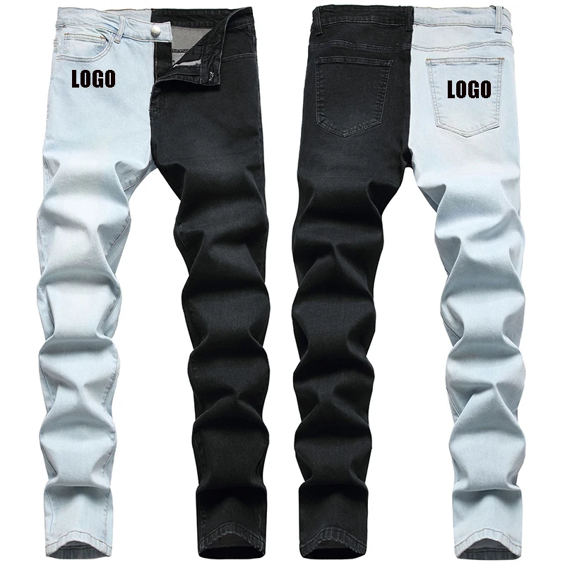 

Free shipping hot sale High street ribbed distressed denim pants for men loose two-tone patchwork Motorcycle Biker Jeans, Customized color