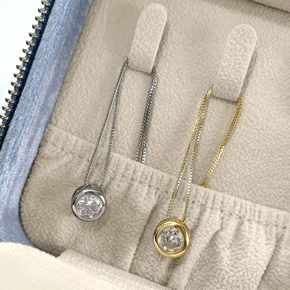 

single stone round cubic zirconia bezel setting minimalist pendant necklace