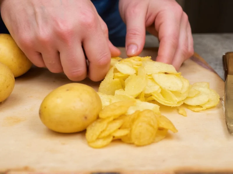 Hand slicing potatoes for homemade chips on cutting board