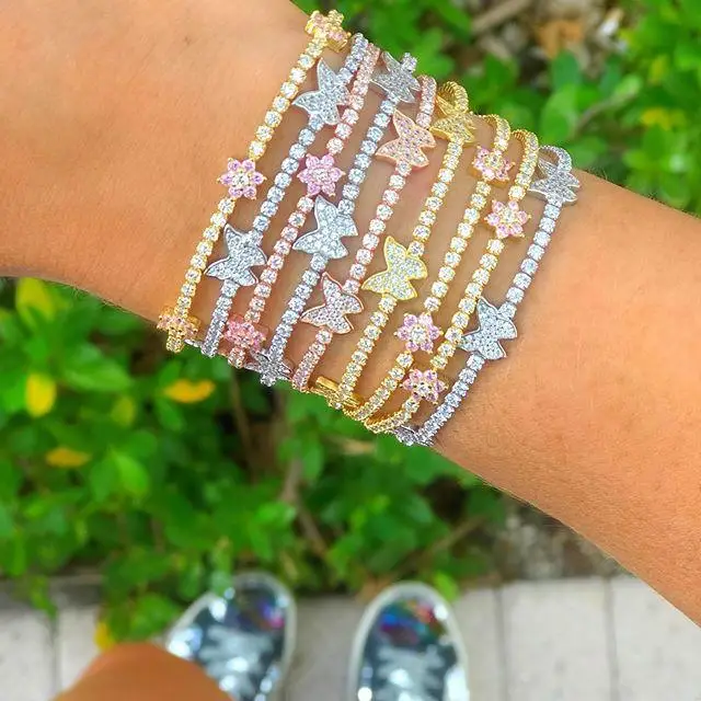 

2021 spring new arrived pastel flower charm cz thin tennis chain bracelets, Rainbow color