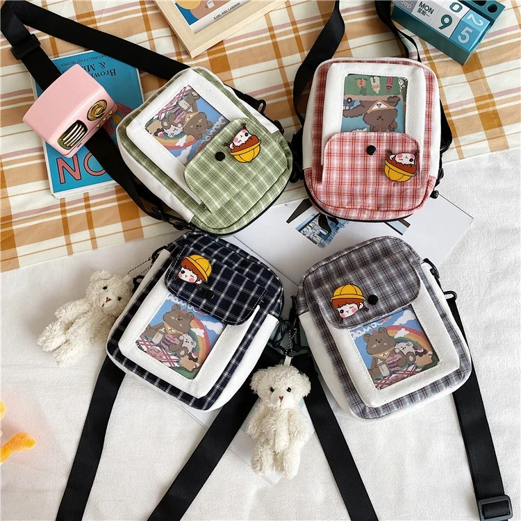 

Popular Student Lattice Cartoon Cute Small Bag Square High Quality Crossbody Messenger Bag Small Travelling Bag