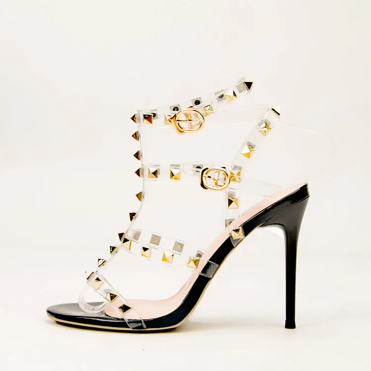 

Patent leather metal rivet transparent Rome sandals, Black, gold, silver, nude, orange