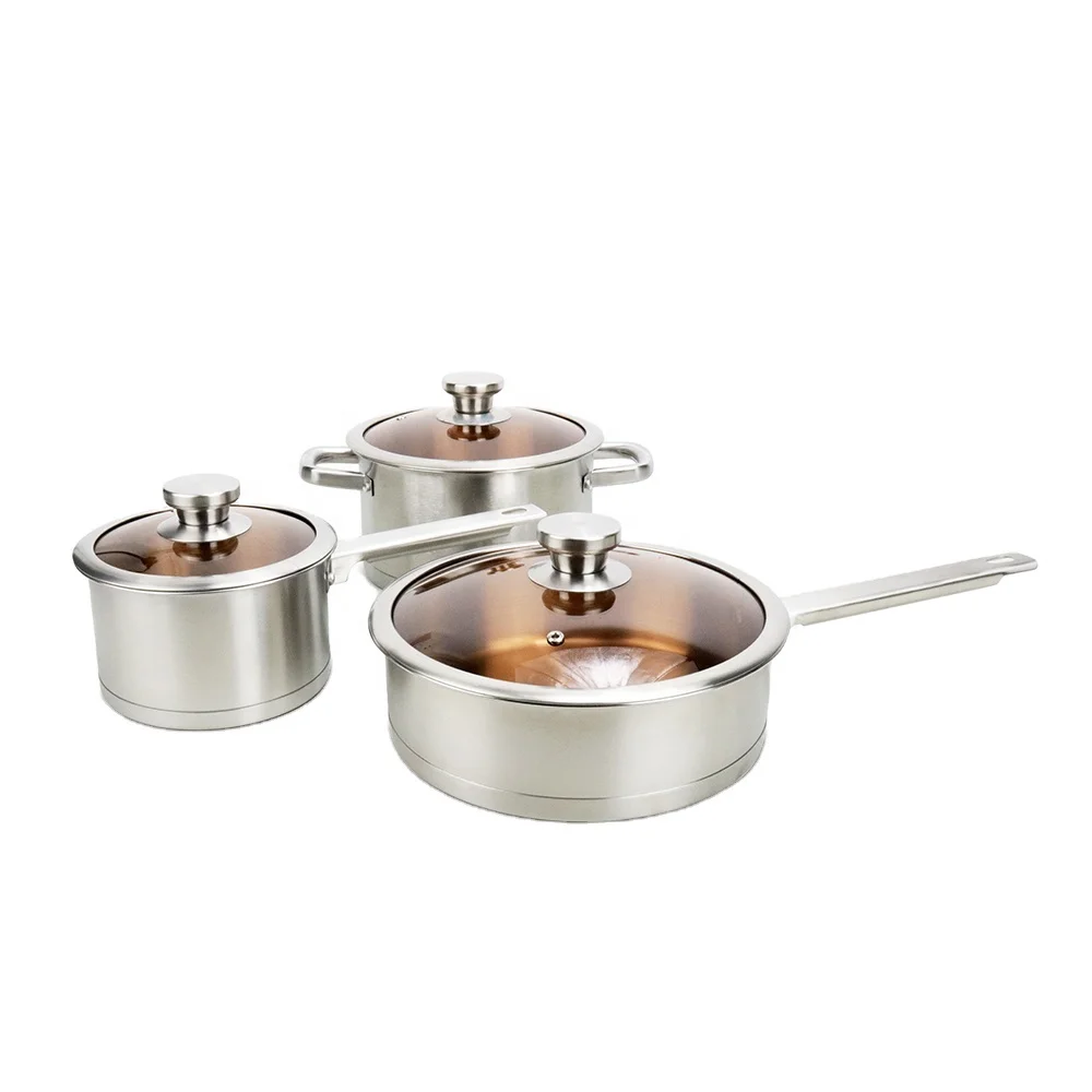 

6 Pcs SS430 Stainless Steel Cookware Set with Brown Lid, Nonstick Frying Pan Saucepan, Nonstick Pots and Pans Set, Stianless steel original color