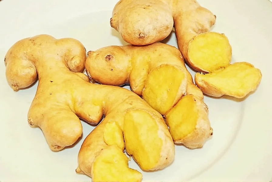 Close-up of fresh ginger root showing fibrous texture and golden interior