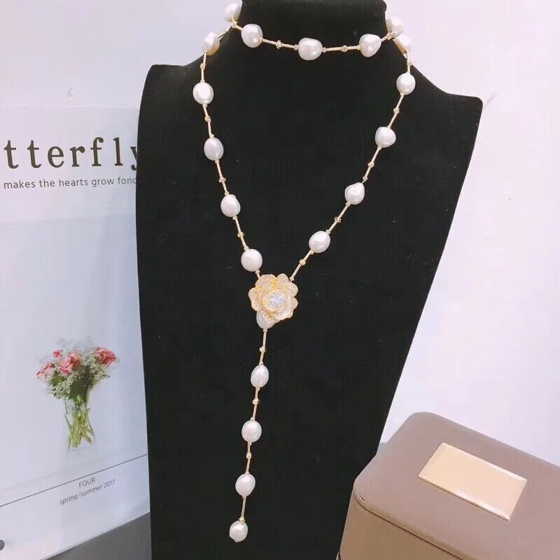 

Womens luxury 14K gold filled zirconia flower baroque freshwater pearl long necklace jewelry